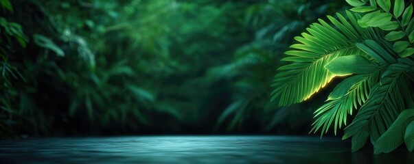 Poster - Glow forest idea. Lush tropical foliage surrounding a serene body of water in rich greenery.