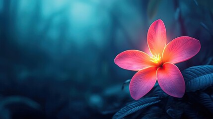 Poster - Glow forest concept. A serene bloom illuminated against a soft blue background, evoking tranquility and beauty.