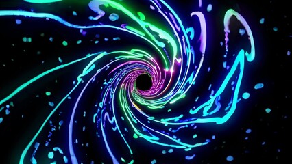 Wall Mural - Bright neon light trails swirling around a central black hole, creating a vibrant and dynamic vortex tunnel effect, suggesting an abstract wormhole or time travel concept