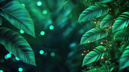 Poster - Glow forest concept. Lush green leaves with soft bokeh lights creating a serene nature background.