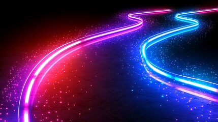 Wall Mural - glowing neon trails curve on dark surface; abstract background for technology or music.