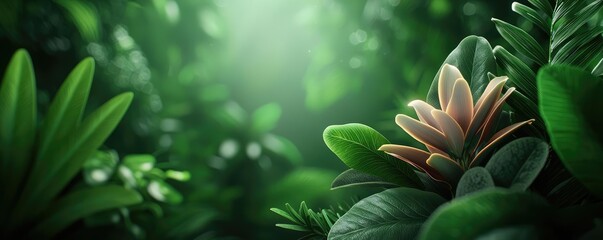 Poster - Glow forest concept. Lush green foliage illuminated by soft light, showcasing nature's vibrant beauty.