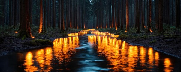 Poster - Glow forest concept. Serene forest scene with glowing river reflections under a twilight sky.