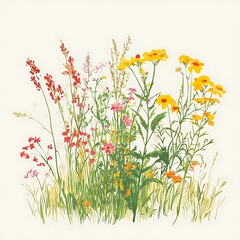 Wall Mural - Colorful wildflowers in a meadow. Illustration. Possible use Botanical print