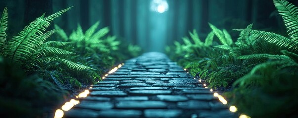 Poster - Glow forest idea. A serene pathway through lush greenery illuminated by soft, glowing lights.