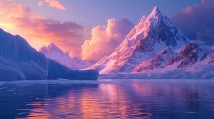  Arctic wonderland, with snow-capped mountains bathed in the soft light of dawn, creating a serene and awe-inspiring scene