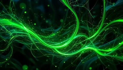 Wall Mural - abstract glowing green lines flowing with particles on a dark background