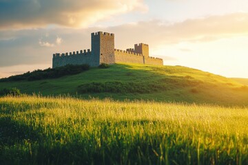 Aufkleber - Medieval castle atop a green hill illuminated by a vibrant sunset sky creates a picturesque landscape. Generative AI