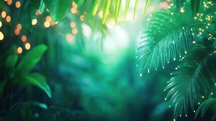 Poster - Glow forest concept. Lush green foliage with soft lighting creating a tranquil nature background.