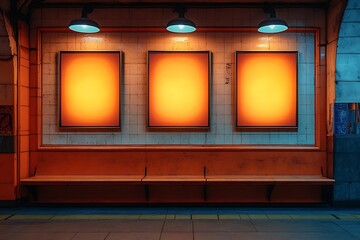 Canvas Print - Empty subway station with three illuminated frames on the wall and a wooden bench below