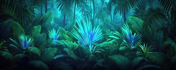 Poster - Glow forest concept. Lush tropical plants with vibrant colors in a serene jungle environment.