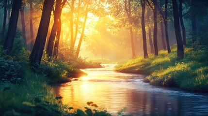 Poster - Glow forest idea. A serene forest scene with sunlight streaming through trees beside a peaceful creek.