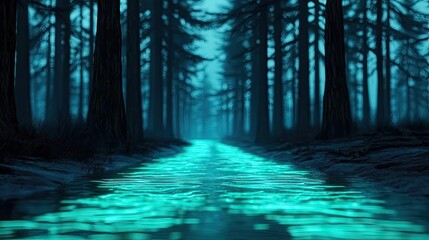 Poster - Glow forest idea. A mystical forest with a glowing river, creating an enchanting atmosphere.