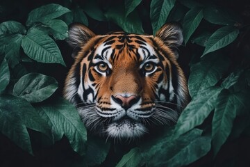 Aufkleber - Intense gaze of a majestic tiger amidst lush green foliage in the wild. Generative AI