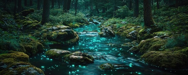Poster - Glow forest concept. A serene forest stream illuminated by glowing elements, surrounded by lush greenery.