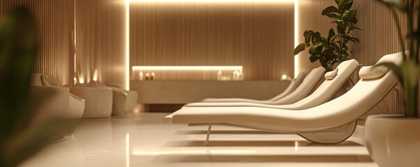 Wall Mural - Empty lounge chairs are waiting for customers in a modern spa interior with warm lighting