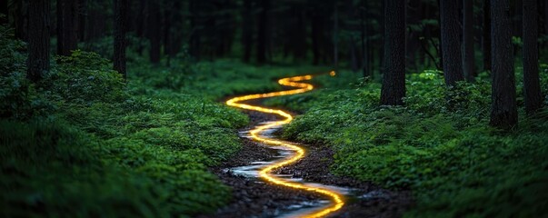 Poster - Glow forest concept. A winding river illuminated by soft light in a lush green forest at twilight.