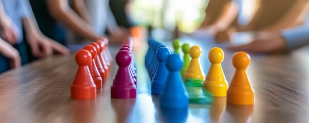 Aufkleber - Business people playing board game with colorful pawns on wooden desk in the background