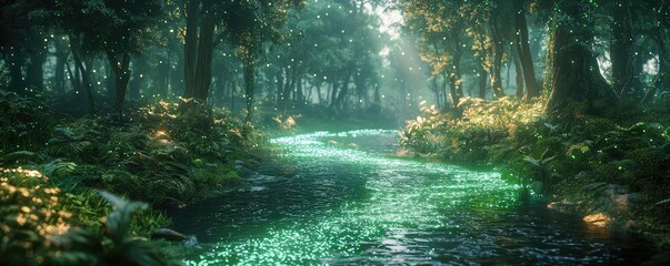 Poster - Glow forest concept. A serene forest scene depicting a glowing river surrounded by lush greenery.
