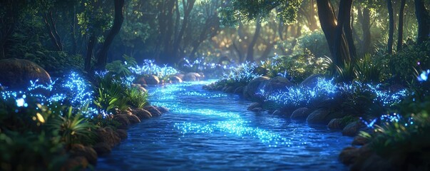 Poster - Glow forest concept. A serene forest scene with glowing plants and a crystal-clear stream.