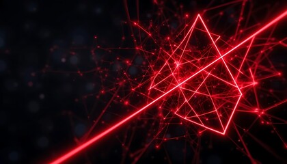 Wall Mural - abstract red network lines connecting dots with geometric shapes on dark background