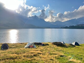 Wall Mural - The alpine lake Melchsee or Melch Lake in the Uri Alps mountain massif, Kerns - Canton of Obwalden, Switzerland (Kanton Obwald, Schweiz)