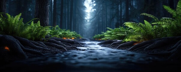 Poster - Glow forest concept. A serene forest stream surrounded by lush green ferns and tall trees under a soft light.