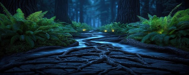 Poster - Glow forest concept. Mystical forest scene with glowing roots and lush ferns under a serene night sky.