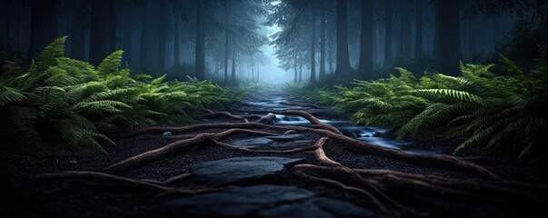 Poster - Glow forest concept. A tranquil forest scene with mist, ferns, and winding paths through lush greenery.