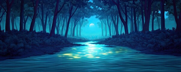 Poster - Glow forest idea. A serene forest scene with a tranquil river glowing under the night sky.