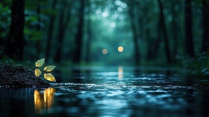 Poster - Glow forest idea. A serene forest stream reflecting gentle light and vibrant leaves amidst lush greenery.