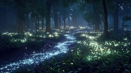 Poster - Glow forest concept. A tranquil forest scene illuminated by glowing lights amidst dark, lush foliage.