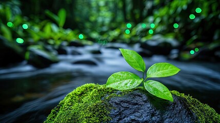 Poster - Glow forest concept. A vibrant green plant thriving on a mossy rock near a serene flowing stream.