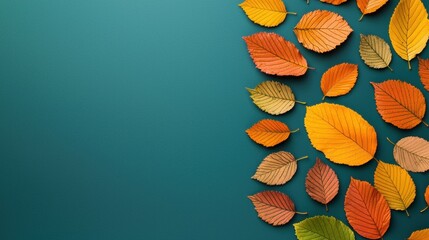 Sticker - Colorful autumn leaves arranged on a teal background