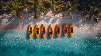 Canvas Print - Kayaks on tropical beach, aerial view, turquoise water, palm trees