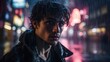 © EnbeAi - Pensive man standing under the rain in blurry city lights bokeh