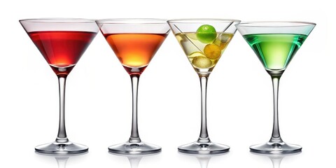 Wall Mural - Four Colorful Cocktails in Martini Glasses on White Background