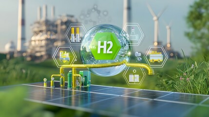 Poster - Innovative Clean Energy Infrastructure Blending Hydrogen and Solar Power in Vibrant Green Setting