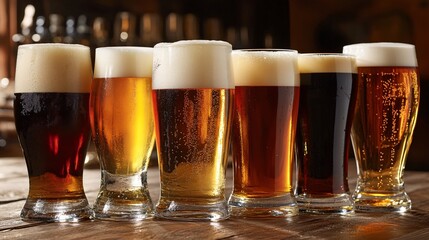 Aufkleber - Row of various beer types standing on wooden bar counter