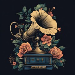 Wall Mural - Vintage gramophone with roses and floral design.  Possible use Greeting card, poster