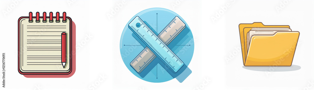 Floder And Ruler Ilustración de Stock Three icons: a spiral notebook with a pencil ...