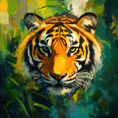 Poster - Vibrant tiger portrait against a lush jungle background with ample space for text inclusion. Generative AI
