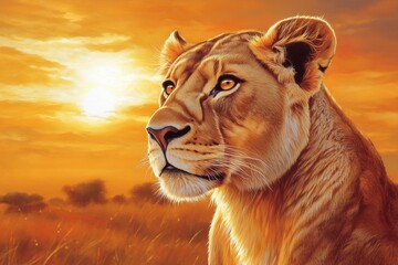 Poster - Majestic lion portrait with glowing golden mane in sunset light and space for text. Generative AI