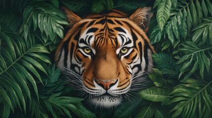 Aufkleber - Majestic tiger staring intensely through lush green foliage in a vibrant jungle setting. Generative AI