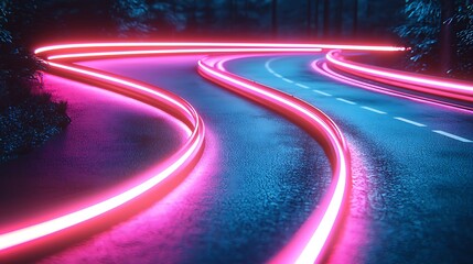 Wall Mural - Neon road curves through dark forest at night; futuristic travel concept.