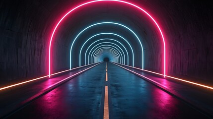 Wall Mural - Neon-lit tunnel road, futuristic highway, vibrant arch lights, dark background, for sci-fi backdrop.