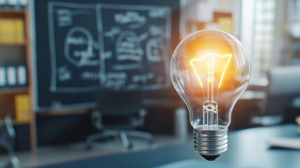 Canvas Print - close up of electric light bulb glowing brightly in office setting, symbolizing ideas and innovation. background features chalkboard with diagrams, enhancing creative atmosphere