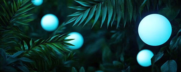 Poster - Glow forest idea. Magical glowing orbs amidst lush green foliage in a tranquil setting.