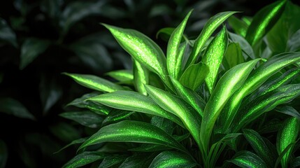 Poster - Glow forest idea. Vibrant green leaves glistening with moisture, showcasing nature's beauty and freshness.