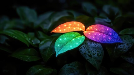 Poster - Glow forest idea. Vibrant illuminated leaves glowing on lush foliage in a serene natural setting.